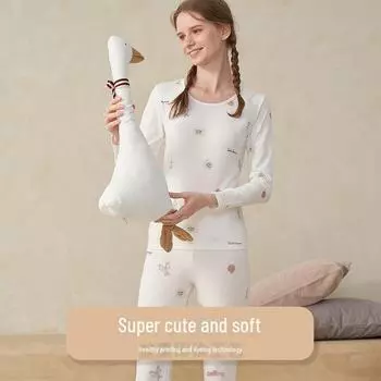 Женский осенний теплый костюм из чистого хлопка с принтом 2023 года - круглый вырез, тонкий нижний слой для девочек и студентов M белый
