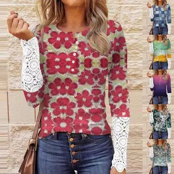 Женский осенний тонкий кружевной топ с круглым вырезом и длинными рукавами с принтом XXXL синий