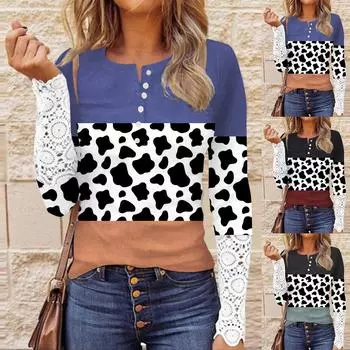 Женский осенний тонкий кружевной топ с круглым вырезом и длинными рукавами с принтом L чёрный