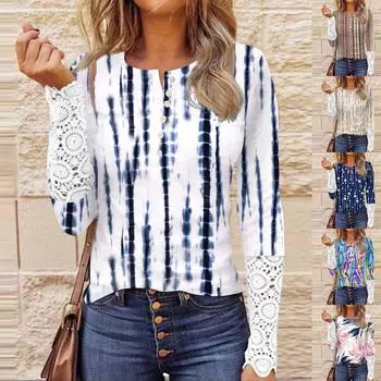 Женский осенний тонкий кружевной топ с круглым вырезом и длинными рукавами с принтом L синий