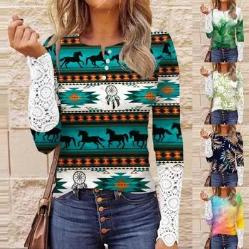 Женский осенний тонкий кружевной топ с круглым вырезом и длинными рукавами с принтом XL зелёный