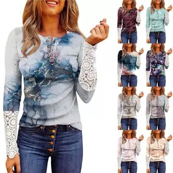 Женский осенний тонкий кружевной топ с круглым вырезом и длинными рукавами с принтом L винный