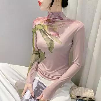 Женский осенний топ 2023 из сетки с высоким воротом, с принтом и длинным рукавом XL