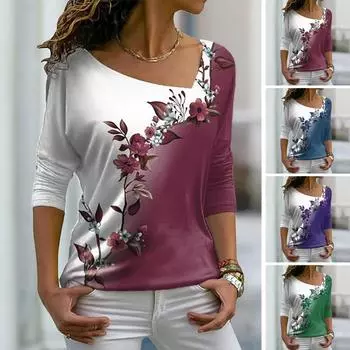 Женский осенний топ с цветочным принтом контрастного цвета, пуловер с длинными рукавами и v-образным вырезом, теплая мягкая женская футболка с цветочным узором, женская одежда S