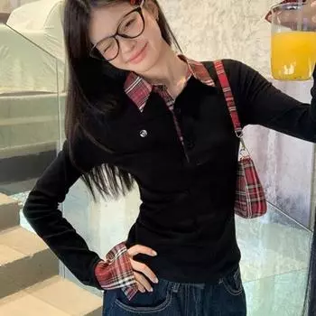 Женский осенний топ с длинным рукавом и воротником поло в клетку, облегающего кроя, с вышивкой, двухкомпонентный стиль Large