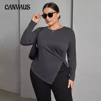 Женский осенний топ с длинными рукавами и неровными разрезами, подходящий ко всему, облегающий топ 1XL серый