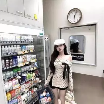 Женский осенний топ с открытыми плечами в горошек, приталенный, с бантом Small