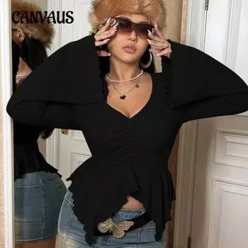 Женский осенний топ с V-образным вырезом и длинными рукавами с деревянными ушками и роговыми рукавами 1XL чёрный