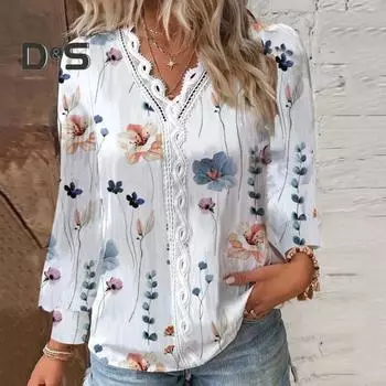 Женский осенний топ с v-образным вырезом, кружевной лоскутный цветочный принт, с длинным рукавом, свободный, мягкий, дышащий, цветной, элегантный, для поездок на работу, женская блузка XL белый