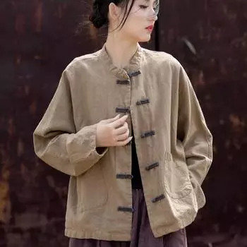 Женский осенний топ в неокитайском стиле, вдохновленный дзен, из льна и хлопка, женская одежда, рубашка-пальто на пуговицах контрастных цветов S хаки
