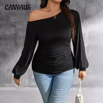 Женский осенний топ Yujie с диагональным вырезом и открытыми плечами, длинный рукав 1XL чёрный