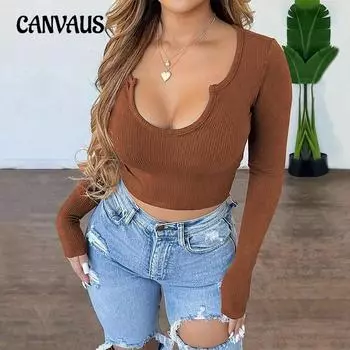 Женский осенний укороченный топ с U-образным вырезом и длинными рукавами Spice Girl 1XL