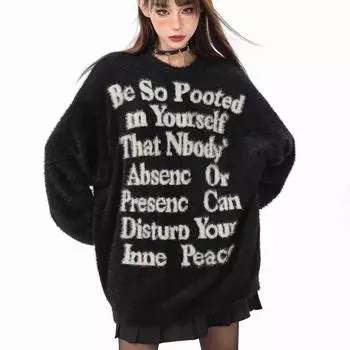 Женский осенний винтажный черный свитер, американский свободный вязаный пуловер, зимняя уличная одежда M чёрный