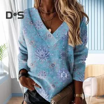Женский осенний винтажный узор пуловеры топы V-образный вырез длинный рукав свободный крой футболка повседневная толстовка уличная одежда M хаки