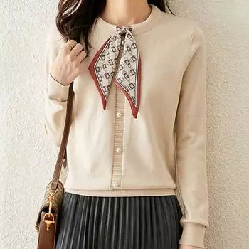 Женский осенний вязаный кардиган, свитер, шелковый шарф с круглым вырезом и длинными рукавами, однобортный низ, однотонный OneSize чёрный