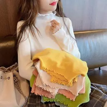 Женский осенний вязаный свитер, пуловер, топ с воротником до середины и длинными рукавами, тонкий однотонный низ с листьями лотоса и грибком OneSize зелёный