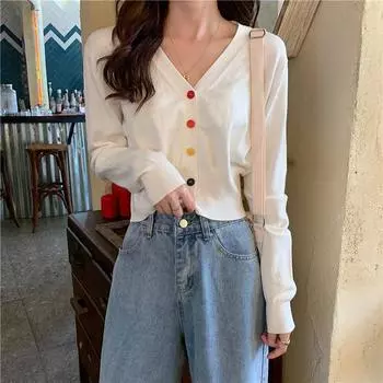 Женский осенний вязаный свитер с длинными рукавами, кардиган, однобортный, с v-образным вырезом, тонкий, верхняя одежда, пальто, топ, однотонный One Size чёрный