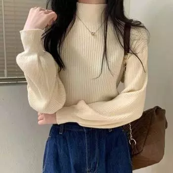 Женский осенний вязаный свитер с воротником-фонариком и длинным рукавом, однотонные элегантные пуловеры, корейские свободные повседневные топы, офисные женские джемперы One size грязно-белый