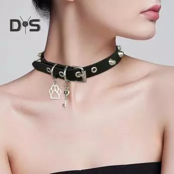 Женский ошейник из искусственной кожи с заклепками, декором в виде черепа, ключа и лапы, регулируемый рок-ночной клуб, хип-хоп, вечеринка, колье, индивидуальное украшение на шею чёрный