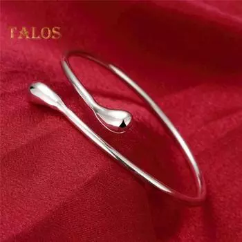 Женский открытый браслет, регулируемый, полированный, простой стиль, форма капли воды, свадебные, повседневные, для свиданий, наручные украшения, подарок на день рождения, годовщину серебряный