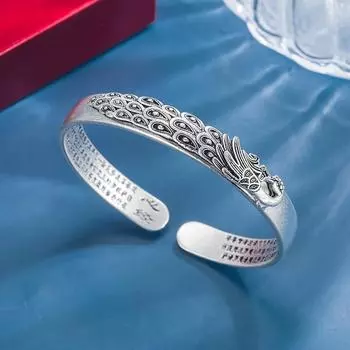 Женский открытый браслет в этническом стиле в стиле ретро, браслет с резным павлином, старинный тайский серебряный браслет. opening adjustable