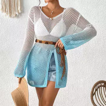 Женский открытый сексуальный бикини внешний градиент пляжный пуловер с длинным рукавом накидка one size синий/белый