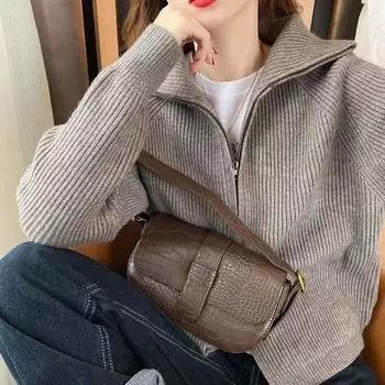 Женский отложной воротник вязаный кардиган с длинным рукавом свитер повседневная куртка на молнии шерстяное теплое пальто короткий топ осень зима S покинуть белый