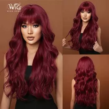 Женский парик 72 см, искусственные волосы, длинные вьющиеся волосы, винно-красные волосы, розовая сетка для волос, полный головной убор, украшение для красоты, парик сарай красный