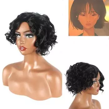 Женский парик для косплея кальмара HoYeon Цзян Сяо 067, короткий парик для косплея, вьющиеся волосы, черные парики для вьющихся волос чёрный