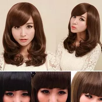 Женский парик для косплея средней длины, вьющиеся волосы с короткой челкой для вечеринки, вечеринка с полной челкой чёрный