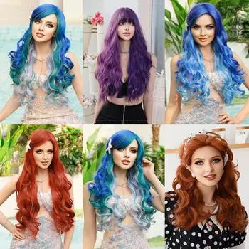 Женский парик для вечеринки на Хэллоуин, косплей, горничная, играющая в русалку, играющая в комическое шоу, длинный кудрявый волнистый парик 70cm 27.55 Inch синий