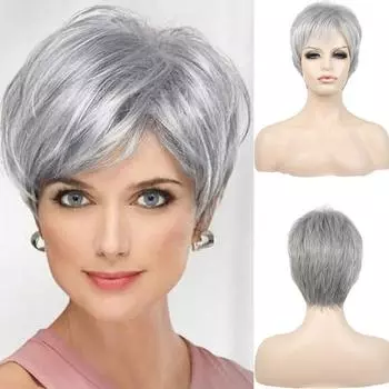 Женский парик Ombre серебристо-серого цвета с челкой, короткие натуральные прямые синтетические парики для женщин, парик из искусственных волос, термостойкий парик серебряный серый