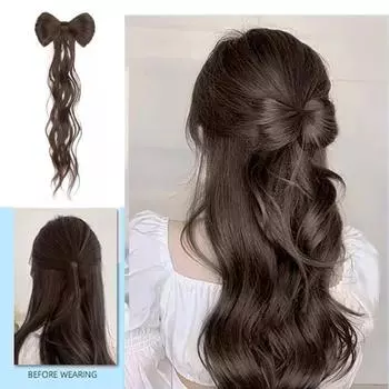 Женский парик с бантиком, высокий хвост, заколка для парика, сумка для волос, вьющиеся, черные, натуральные, мягкие, противоскользящие, для наращивания волос, искусственный хвост чёрный