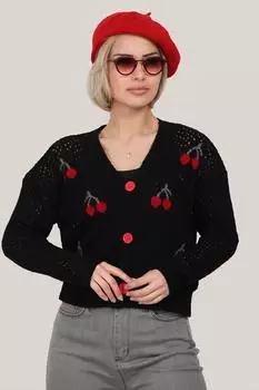 Женский перфорированный трикотажный кардиган с v-образным вырезом на пуговицах вишневого цвета