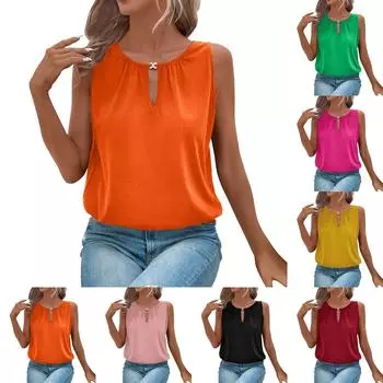 Женский персонализированный однотонный топ без рукавов с круглым вырезом и пряжкой L чёрный