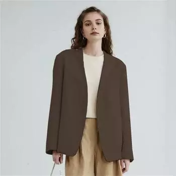 Женский пиджак без воротника с длинным рукавом и открытым передом, однотонный свободный деловой кардиган, офисное формальное пальто S бежевый