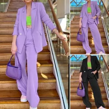 Женский пиджак и брюки, комплект из 2 шт./компл., однотонный кардиган с отложным воротником и высокой талией, застежка-молния с двойными пуговицами, широкий штанин, полная длина, женский костюм, комплект для работы M фиолетовый
