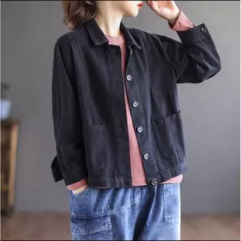 Женский пиджак из хлопка с длинными рукавами и узкими лацканами, осень 2023 г. - размер плюс, литературный стиль