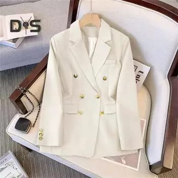 Женский пиджак OL Стиль, свободный сплошной цвет, двубортный, с длинными рукавами и лацканами, воротник с карманами, официальное деловое пальто 3XL бежевый