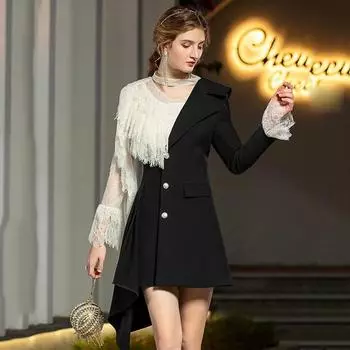 Женский пиджак, пальто с кружевной подкладкой в стиле пэчворк, тонкий элегантный офисный женский стиль с кисточками, банкетные куртки, весенне-осенняя стильная одежда XS чёрный