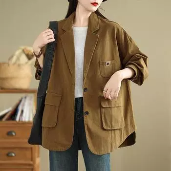 Женский пиджак, пальто, верхняя одежда, карманы на пуговицах, свободное осеннее тонкое пальто One Size коричневый