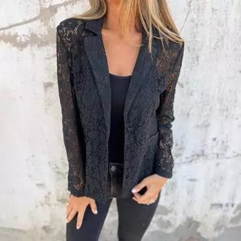 Женский пиджак с кружевным дизайном, лацканами, длинным рукавом, однотонный, элегантный пиджак, деловая верхняя одежда, повседневная одежда S чёрный