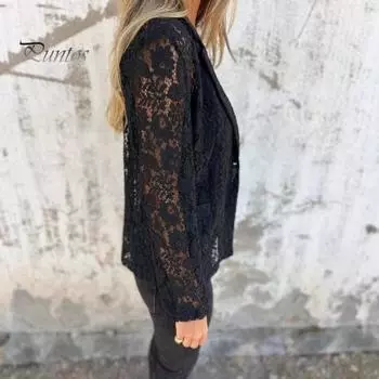 Женский пиджак с кружевным дизайном, лацканами, длинным рукавом, однотонный, элегантный пиджак, деловая верхняя одежда, повседневная одежда S чёрный