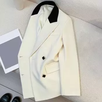 Женский пиджак с лацканами, длинный рукав, двубортный пиджак с карманами-клапанами, свободный деловой крой S бежевый