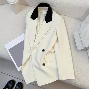 Женский пиджак с лацканами, длинный рукав, двубортный пиджак с карманами-клапанами, свободный крой, деловая верхняя одежда S серый