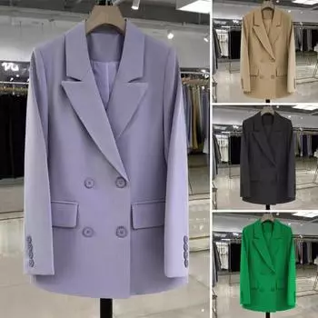 Женский пиджак с лацканами, длинный рукав, двубортный пиджак с карманами-клапанами, однотонный, свободный крой, повседневная деловая верхняя одежда M фиолетовый