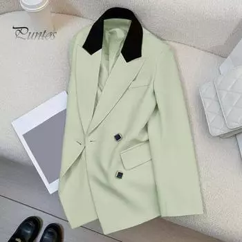 Женский пиджак с лацканами, длинный рукав, двубортный пиджак с карманами-клапанами, свободный крой, деловая верхняя одежда S зелёный