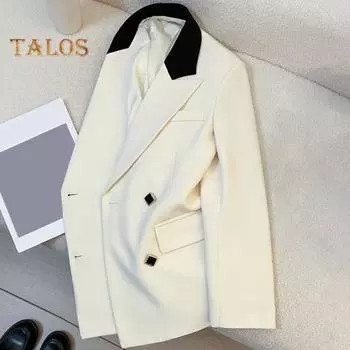 Женский пиджак с лацканами, длинный рукав, двубортный пиджак с карманами-клапанами, свободный крой, деловая верхняя одежда S бежевый