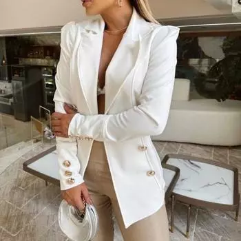 Женский пиджак с лацканами, длинный рукав, кардиган, однотонный, открытый спереди, тонкий M белый