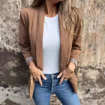 Женский пиджак с лацканами, длинный рукав, леопардовый принт, манжеты, пиджак, однотонный цвет L чёрный